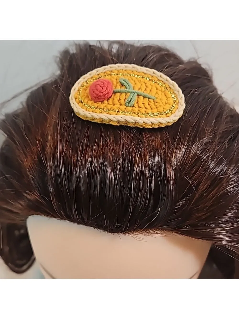 Hand Crafted Hand Knit Crochet  Hair Clip Red Rose embroidered Snap Clip 2.5